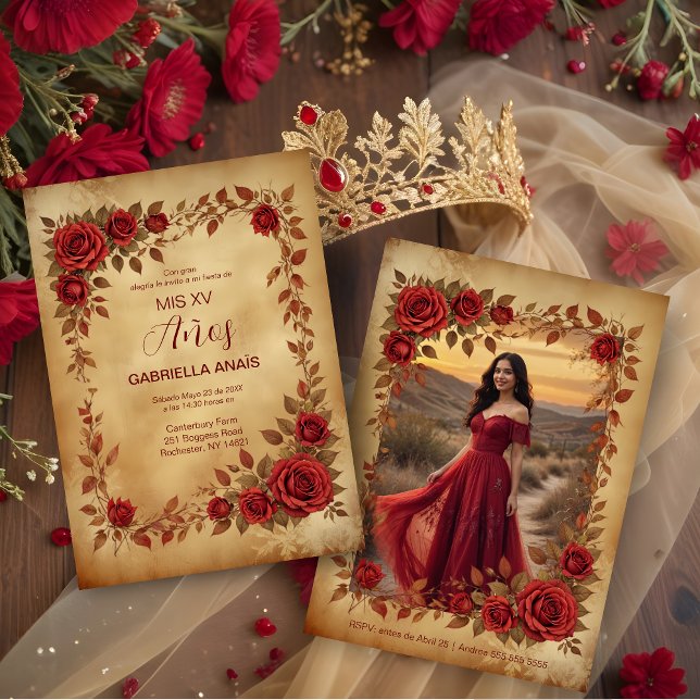 Spanish Quinces Vintage Romantic Photo Red Roses Einladung (Spanish Quinceañera Vintage Romantic Photo Red Roses Frame Invitation Card. )