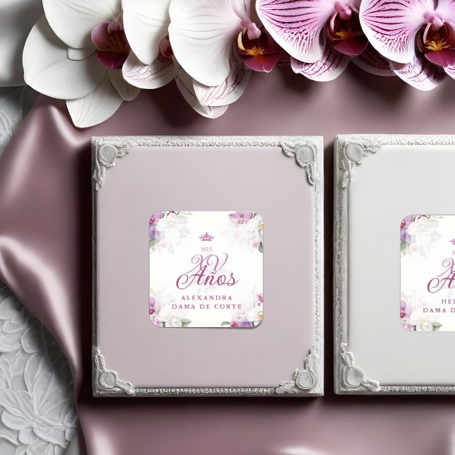 Spanish Romantic Exquisite Floral Orchids Bouquets Aufkleber (Spanish Romantic Exquisite Floral Orchids Bouquets Mis XV Años Square Sticker: A Touch of Elegance.)