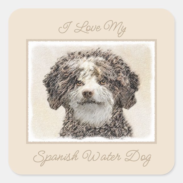 Spanish Water Dog Painting - Cute Original Dog Art Quadratischer Aufkleber (Vorderseite)