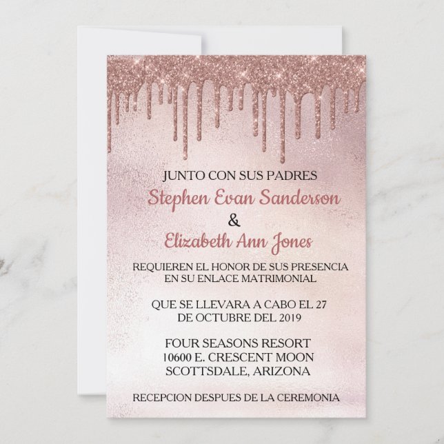 Spanish Wedding Rose Gold Glitzer Tropfen Einladung (Vorderseite)