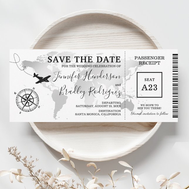 Sparen Sie das Datum Bordkarte Weltkarte Ticket Save The Date (Von Creator hochgeladen)