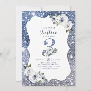 Spargel blauer Glitzer und Blumen 3. Geburtstag Einladung