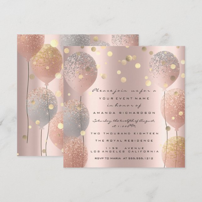 Spark Glitzer Ballon Rose Gold Bridal Sweet 16. Einladung (Vorne/Hinten)