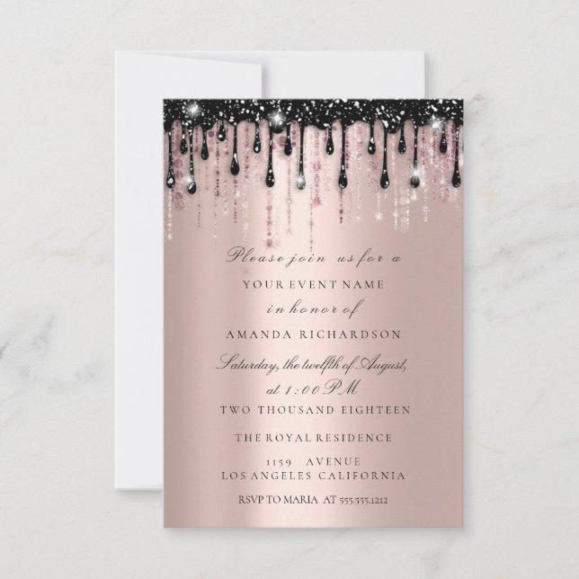 Spark Glitzer Black Tropfens Rose Brautparty Einladung (Vorderseite)