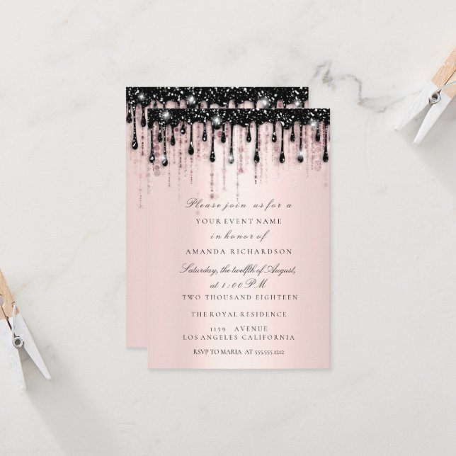 Spark Glitzer Schwarze Tropfen Rose Brautparty Ros Einladung (Vorderseite/Rückseite Beispiel)
