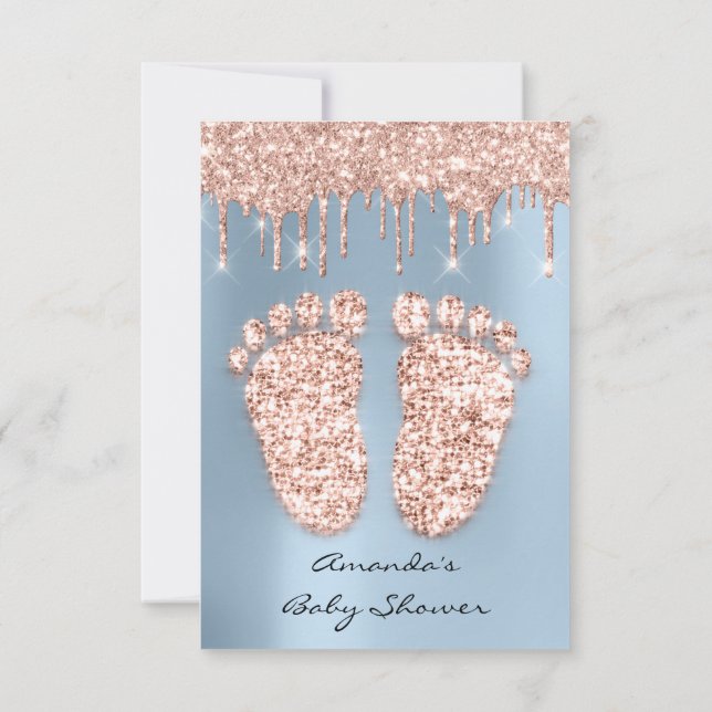 Spark Glitzer Tropfen Rose Blue Baby Dusche Feet Einladung (Rückseite)