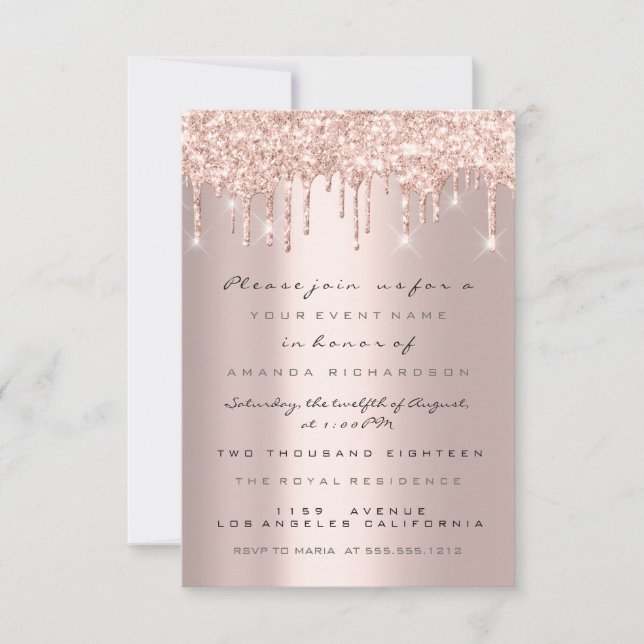 Spark Glitzer Tropfen Rose Brautparty Sweet 16. Einladung (Vorderseite)