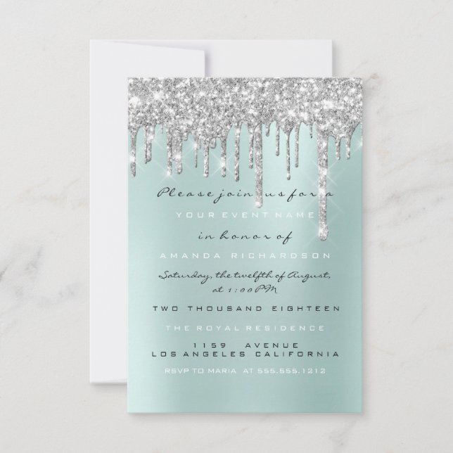 Spark Glitzer Tropfen Silver Aqua Bridal Sweet 16. Einladung (Vorderseite)