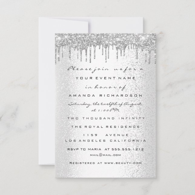 Spark Glitzer Tropfen Silver Gray Bridal Sweet 16. Einladung (Vorderseite)