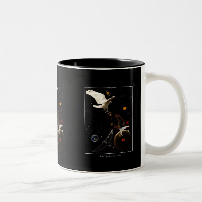 "Spark of Creation" Weißer Raven Geschenke Zweifarbige Tasse (Rechts)