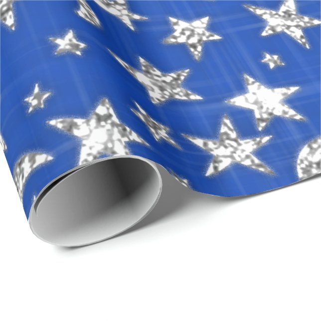 Spark Silver Gray Stars Moon Blue Indigo Geschenkpapier (Rolleneckpunkt)
