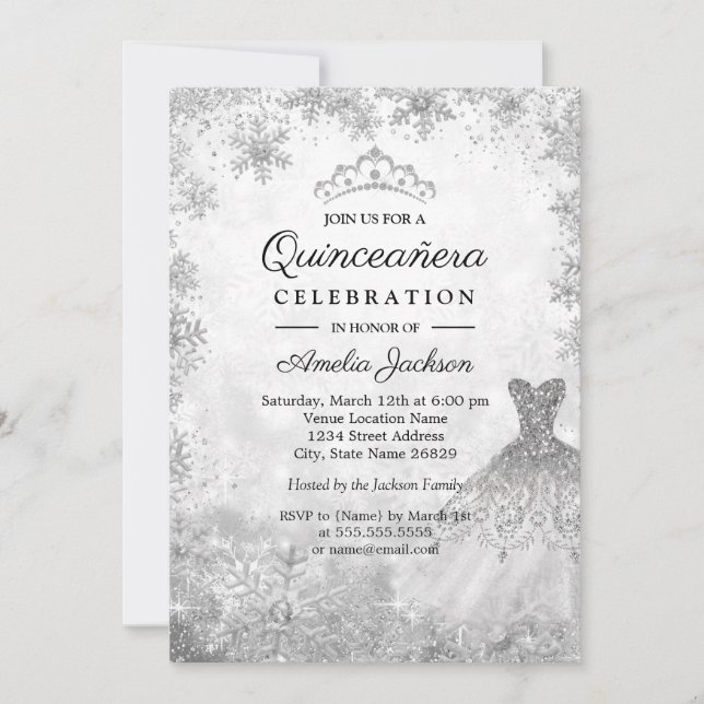Sparkkleid Schneeflocken Winter Quinceanera Einladung (Vorderseite)