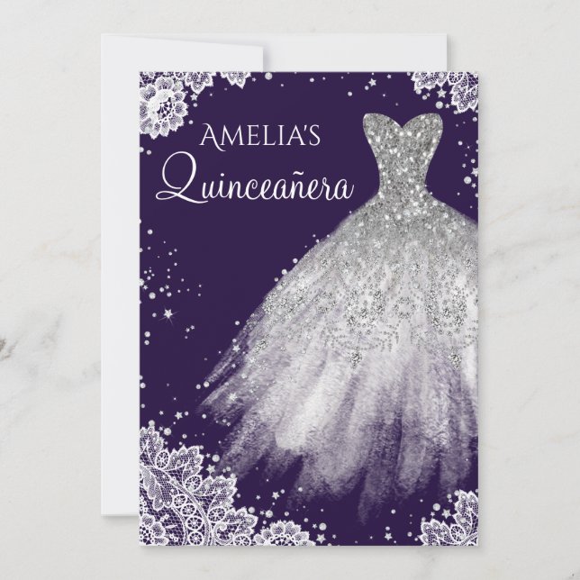 Sparkkleid White Lace Lila Quinceanera Einladung (Vorderseite)