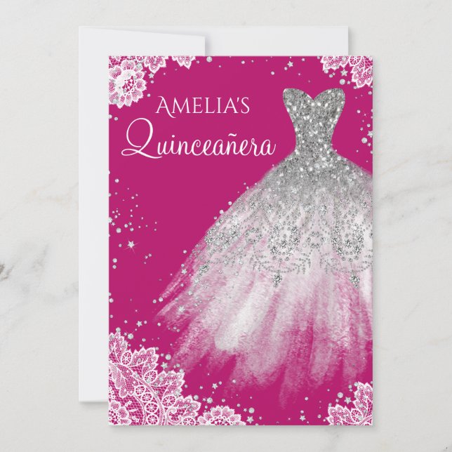 Sparkkleid White Lace Pink Quinceanera Einladung (Vorderseite)