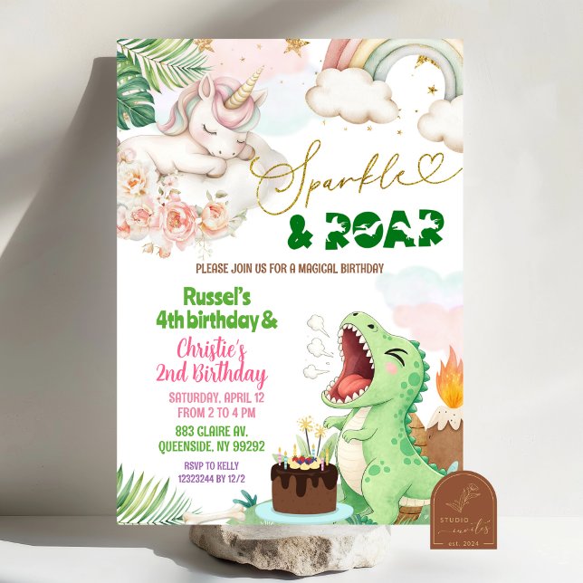 Sparkle And Roar Unicorn Dinosaur Joint Birthday Einladung (Von Creator hochgeladen)