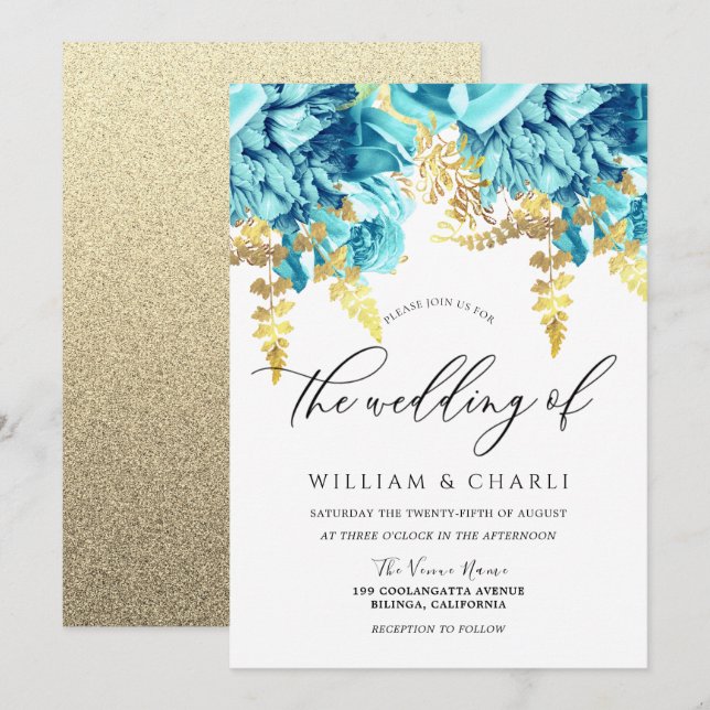 Sparkle Aqua Blue & Gold Floral Wedding Einladung (Vorne/Hinten)