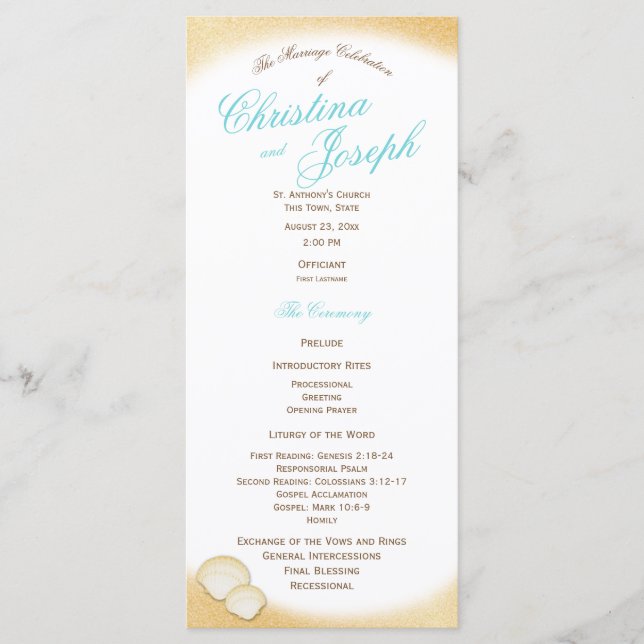 Sparkle Beach Golden Seashell Wedding Program Programm (Vorderseite)