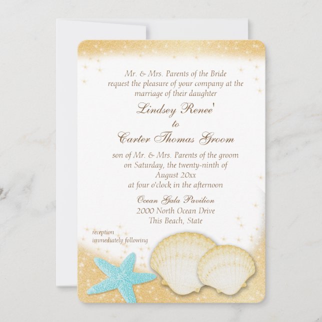 Sparkle Beach Muschel Aqua und GoldWedding Einladung (Vorderseite)