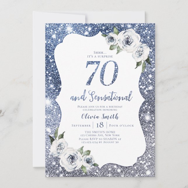 Sparkle blauer Glitzer und Blumengebäck 70. Geburt Einladung (Vorderseite)