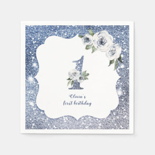 Sparkle blauer Glitzer und Blütenblüte 1. Geburtst Serviette