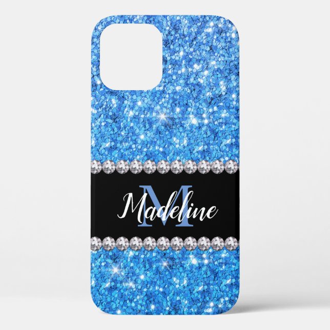 Sparkle Blue Glitzer & Gemes mit Name und Monogram Case-Mate iPhone Hülle (Rückseite)