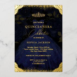 Sparkle Blue Gold Dress Tiara Foto Quinceanera Folieneinladung