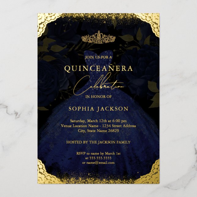 Sparkle Blue Gold Dress Tiara Foto Quinceanera Folieneinladung (Vorderseite)