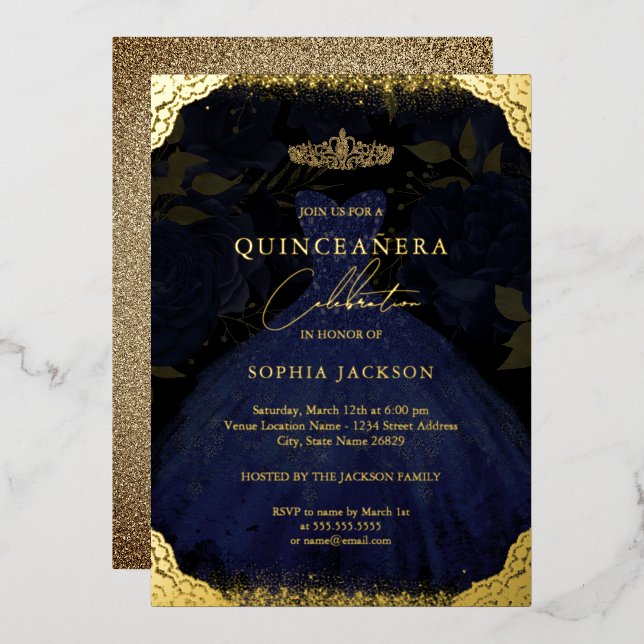 Sparkle Blue Gold Dress Tiara Quinceanera Folieneinladung (Vorderseite/Rückseite)