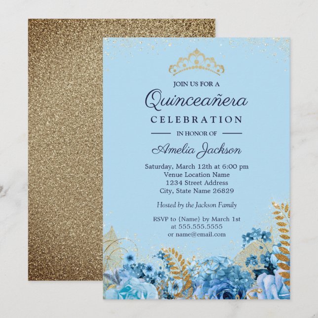 Sparkle Blue Gold Glitzer Blumenstrauß Quinceanera Einladung (Vorne/Hinten)