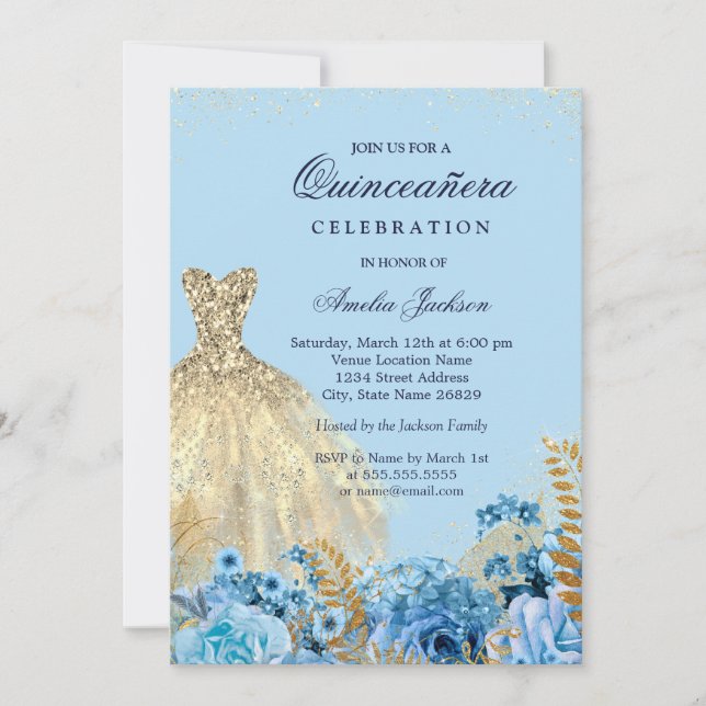 Sparkle Blue Gold Glitzer Dress 16 . Geburtstag Einladung (Vorderseite)