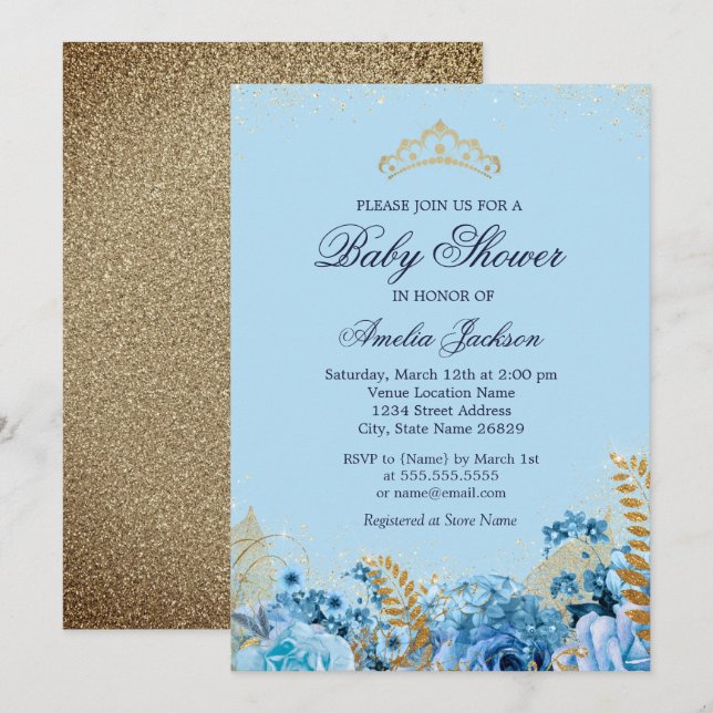 Sparkle Blue Gold Glitzer Floral Baby Dusche Einladung (Vorne/Hinten)