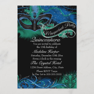 Sparkle Blue & Green Mask Masquerade Quinceanera Einladung