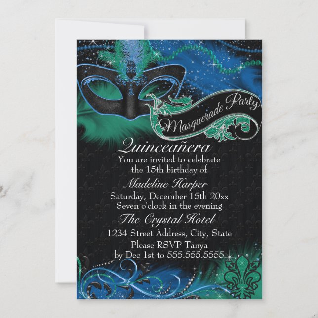 Sparkle Blue & Green Mask Masquerade Quinceanera Einladung (Vorderseite)