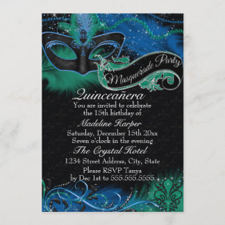 Sparkle Blue & Green Mask Masquerade Quinceanera Einladung