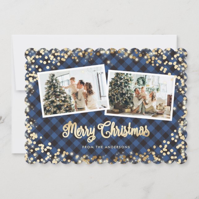 Sparkle Blue Kariert Snow Stars Foto Weihnachten (Vorderseite)