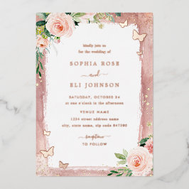Sparkle Blumenrot Rosa Real Rose Goldene Hochzeit Folieneinladung