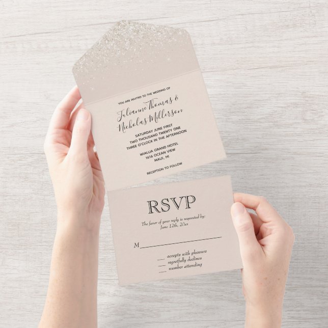 Sparkle Blush Cream Glitz Glitzer Wedding All In One Einladung (Abreißen)