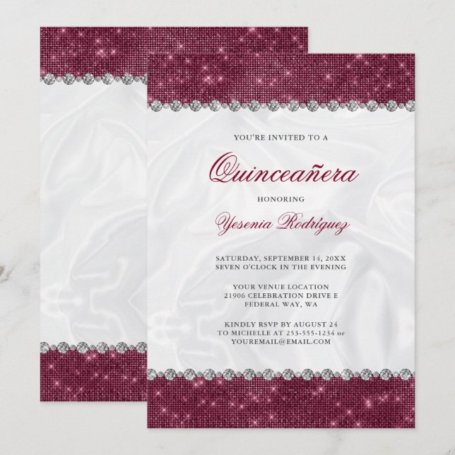 Sparkle Burgundy Glitzer Glam Diamond Quinceañera Einladung (Vorne/Hinten)