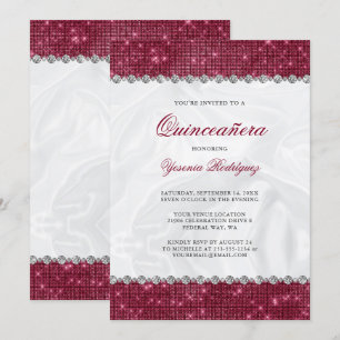 Sparkle Burgundy Glitzer Glam Diamond Quinceañera Einladung