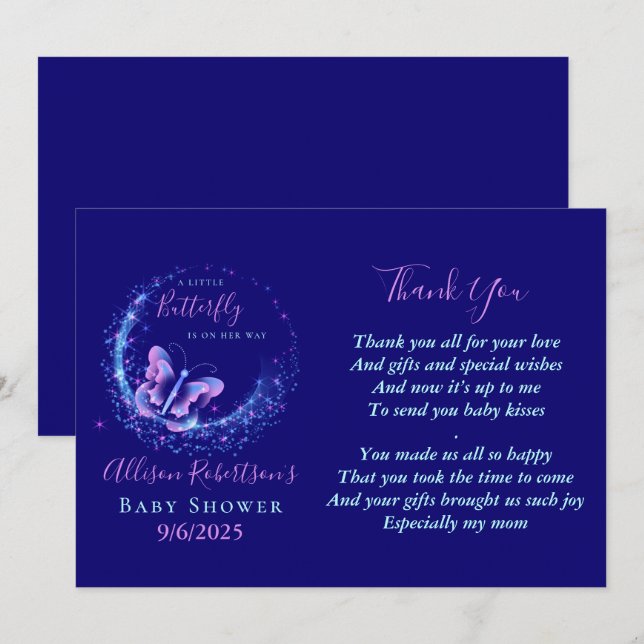 Sparkle Butterfly Girl Babydusche Danke Karte (Vorne/Hinten)