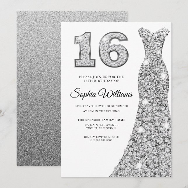 Sparkle Diamond Dress 16. Geburtstag Sweet 16 Einladung (Vorne/Hinten)