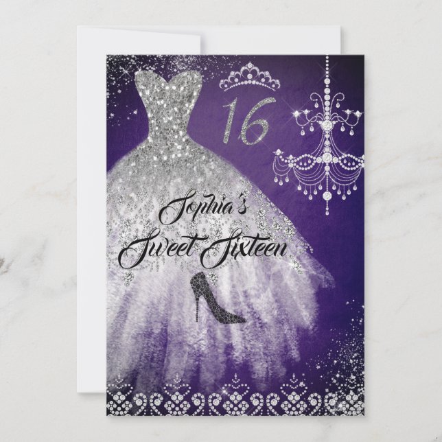 Sparkle Diamond Dress Lila Silber Sweet 16 Einladung (Vorderseite)