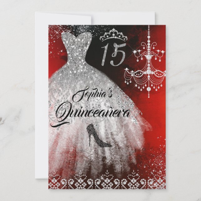 Sparkle Diamond Dress Red Silver Black Quinceanera Einladung (Vorderseite)