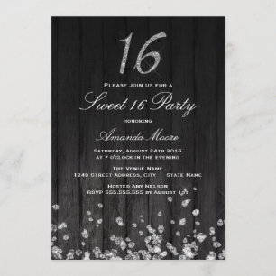 Sparkle Diamond noir argent Sweet 16 Invitation