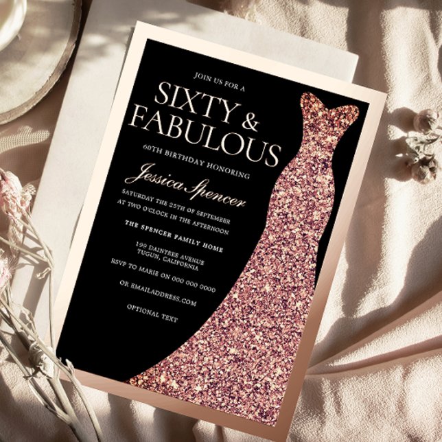 Sparkle Dress & Black 60th Birthday Rose Gold Folieneinladung (Von Creator hochgeladen)
