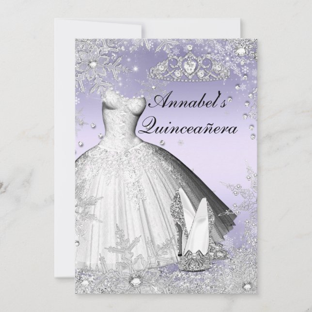 Sparkle Dress & Tiara Lila Quinceanera Einladung (Vorderseite)