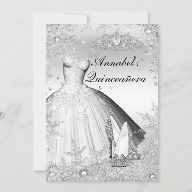 Sparkle Dress & Tiara Silver Quinceanera Einladung (Vorderseite)