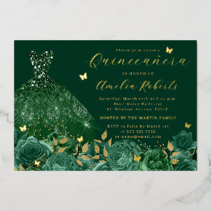 Sparkle Emerald Dress Gold Floral Butterfly Folieneinladung