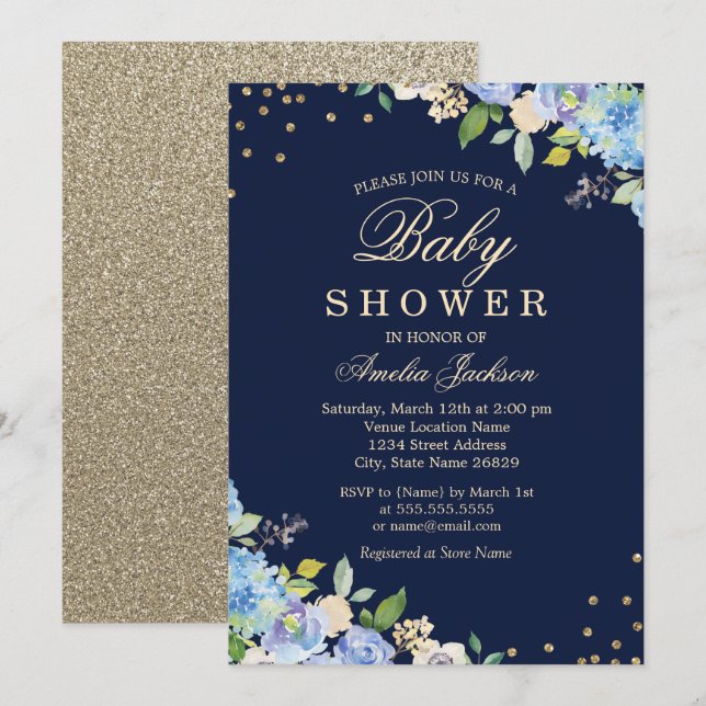 Sparkle Floral Blue Gold Boy Baby Dusche Einladung (Vorne/Hinten)