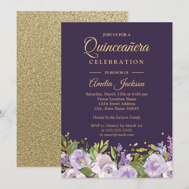 Sparkle Floral Gold Lila Quinceanera Einladung (Vorne/Hinten)
